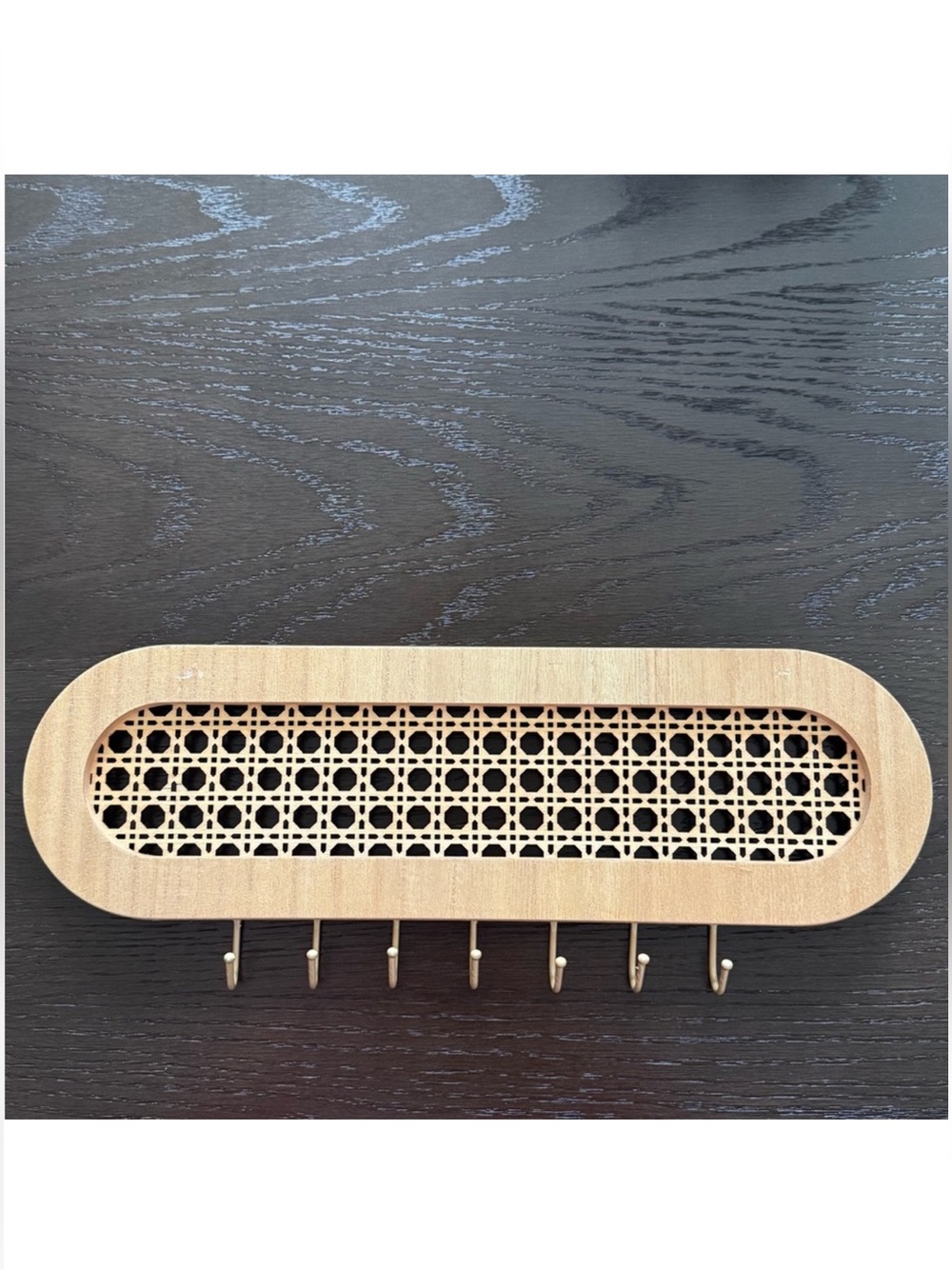 Source Unknown Natural Wood Wall Key Rack with Cane Web and Brass Hooks